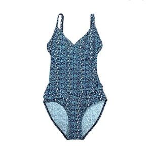 long tall sally women’s 6 one piece swimsuit ruched tummy control blue pattern